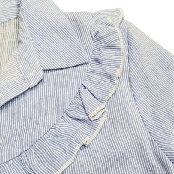 La P'tite Etoile Paris Blue Linen Railroad Stripe Ruffle Blouse 2 - Picture 3 of 5